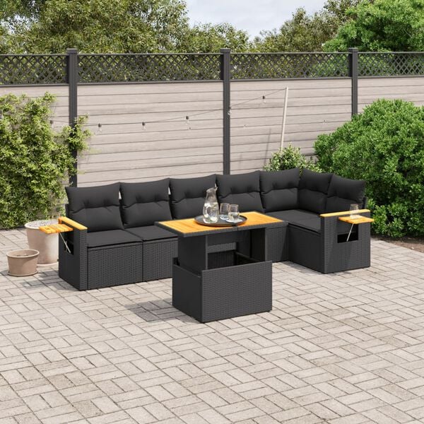 vidaXL 7 pcs conjunto de sof&aacute;s p/ jardim c/ almofad&otilde;es vime PE preto