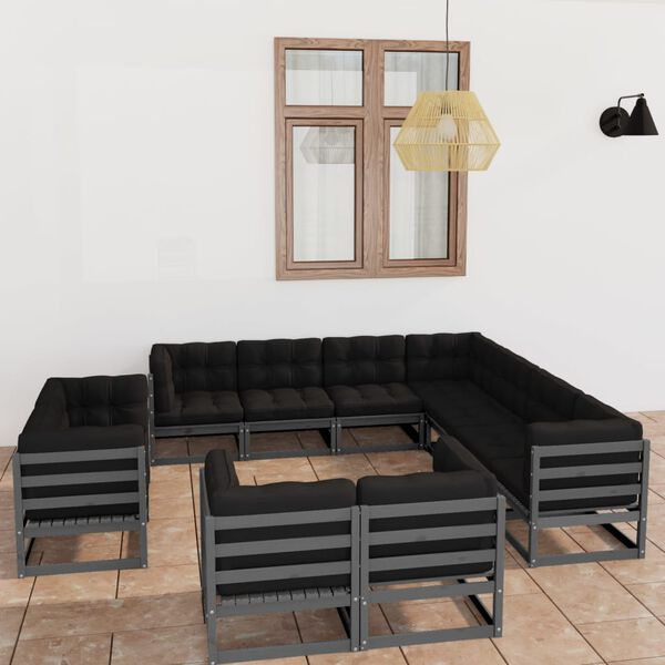 vidaXL 11 pcs conj. lounge de jardim + almofad&otilde;es pinho maci&ccedil;o cinza