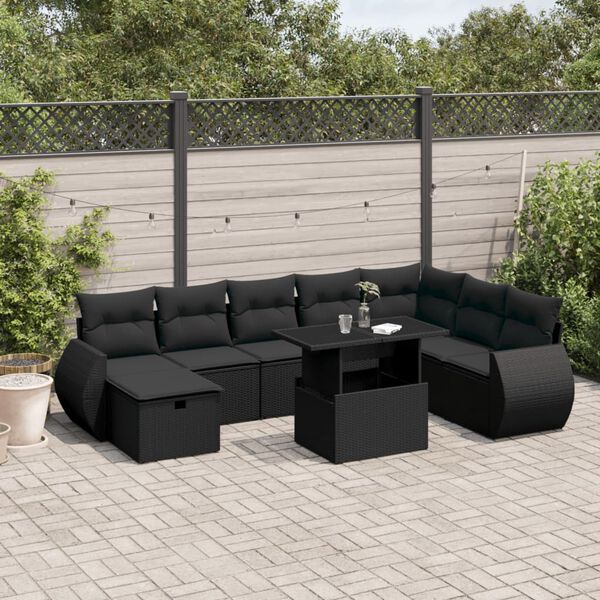 vidaXL 9 pcs conjunto de sof&aacute;s p/ jardim c/ almofad&otilde;es vime PE preto