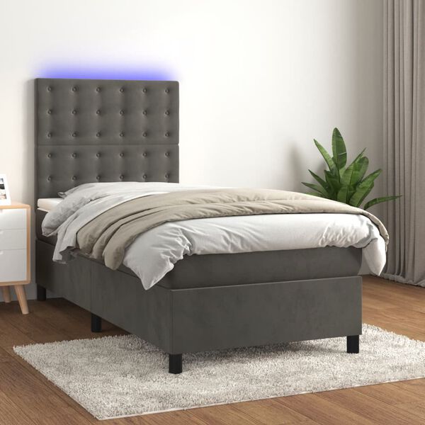 vidaXL Cama box spring c/ colch&atilde;o/LED 100x200cm veludo cinzento-escuro