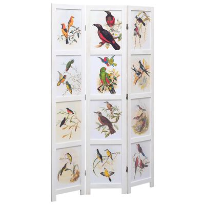 vidaXL Biombo com 3 painéis 105x165 cm pássaros branco