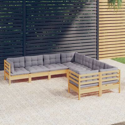 vidaXL 8 pcs conjunto lounge de jardim + almofadões cinza pinho maciço
