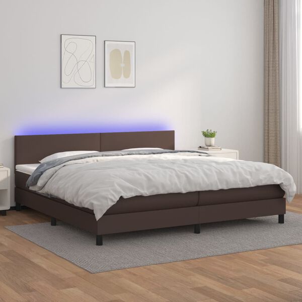 vidaXL Cama box spring c/ colch&atilde;o/LED 200x200 cm couro artif. castanho