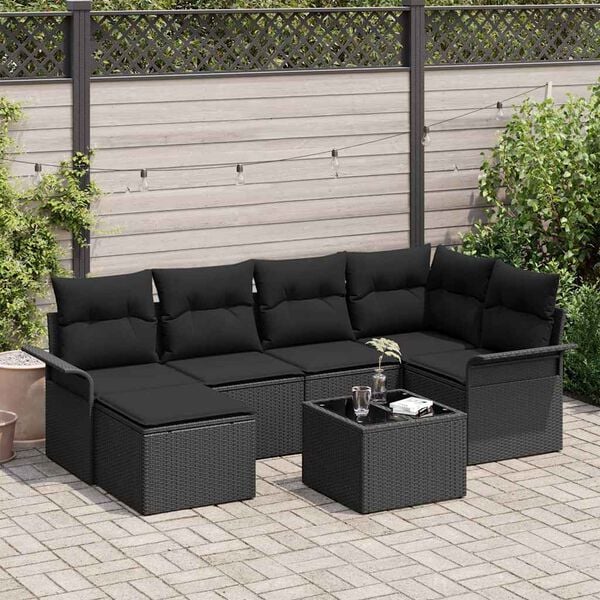 vidaXL Conjunto de Sof&aacute; de Jardim com almofada 7 pcs Preto vime PE