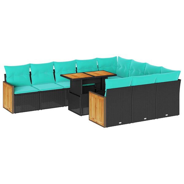 vidaXL 11 pcs conjunto sof&aacute;s jardim c/ almofad&otilde;es vime PE/ac&aacute;cia preto