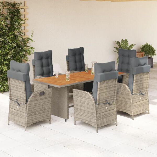 vidaXL 7 pcs conjunto de jantar p/ jardim c/ almofad&otilde;es vime PE cinza