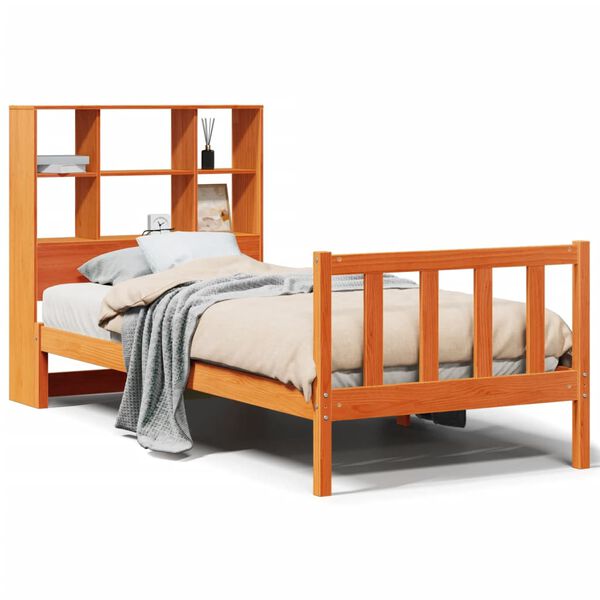 vidaXL Cama com estante sem colch&atilde;o 90x190cm pinho maci&ccedil;o castanho-mel