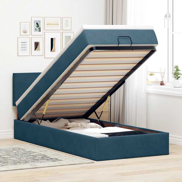 vidaXL Estrutura cama otomana com colch&atilde;o azul escuro 90x190cm veludo