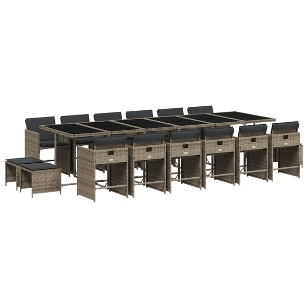 vidaXL 17 pcs conjunto de jantar p/ jardim c/ almofad&otilde;es vime PE cinza