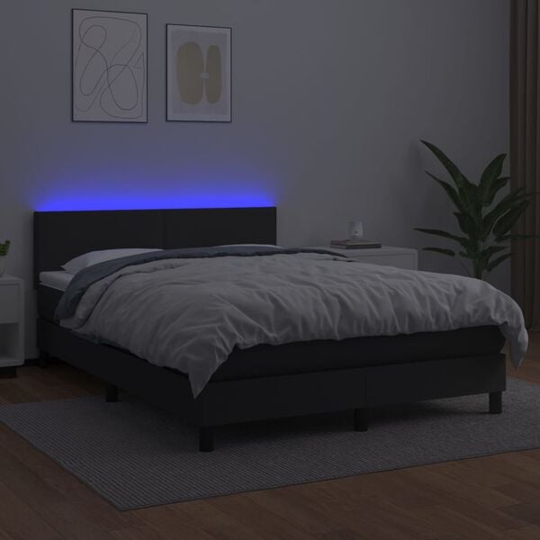 vidaXL Cama box spring c/ colch&atilde;o/LED 140x190cm couro artificial preto