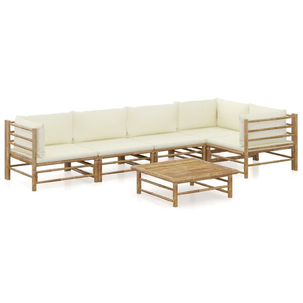vidaXL 6 pcs conj. lounge p/ jardim em bambu c/ almofadões branco nata