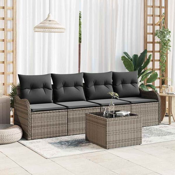 vidaXL Conjunto de Sof&aacute; de Jardim 5 pcs Cinzeto Rattan e A&ccedil;o e Vidro