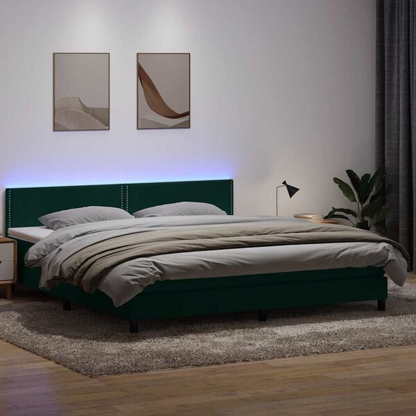 vidaXL Cama box spring c/ colch&atilde;o e LED 180x210 cm veludo verde-escuro