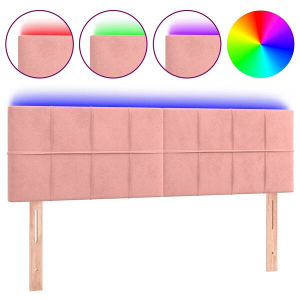 vidaXL Cabeceira de cama c/ luzes LED veludo 144x5x78/88 cm rosa