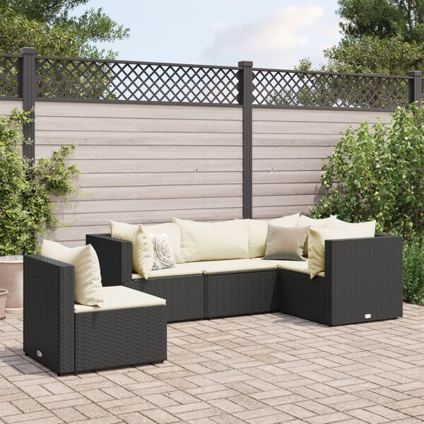 vidaXL 5 pcs conjunto lounge de jardim c/ almofadões vime PE preto