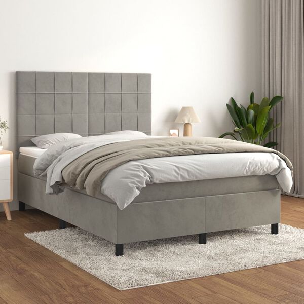 vidaXL Cama com molas/colch&atilde;o 140x190 cm veludo cinzento-claro