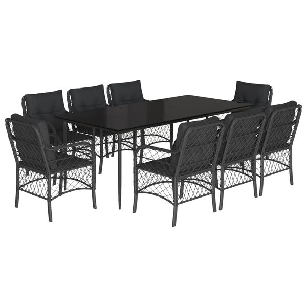 vidaXL 9 pcs conjunto de jantar p/ jardim c/ almofad&otilde;es vime PE preto