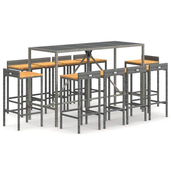 vidaXL 11 pcs conjunto de bar p/ jardim vime PE/acácia maciça cinzento