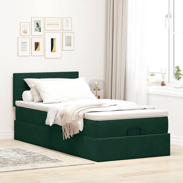 vidaXL Estrutura de cama otomana colch&atilde;o 90x200 cm veludo verde escuro