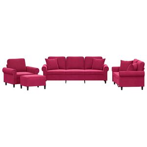vidaXL 4 pcs conjunto de sofás com almofadas veludo vermelho-tinto