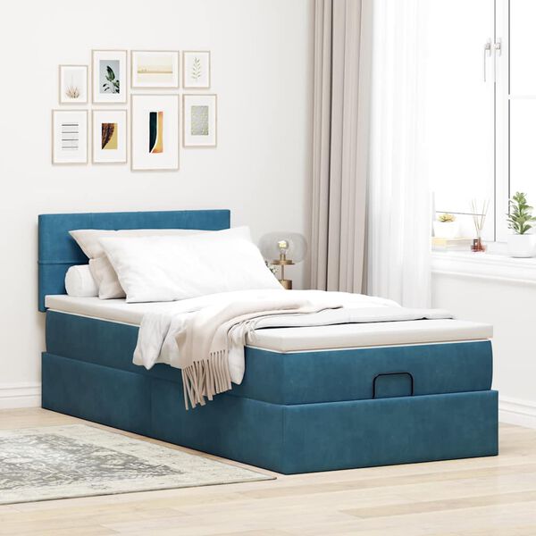 vidaXL Estrutura de cama otomana com colch&atilde;o azul escuro veludo