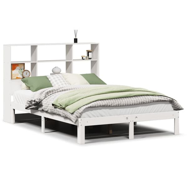 vidaXL Cama com estante sem colch&atilde;o 120x190 cm pinho maci&ccedil;o branco