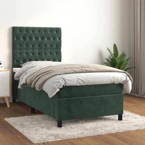 vidaXL Cama com molas/colch&atilde;o 100x200 cm veludo verde-escuro
