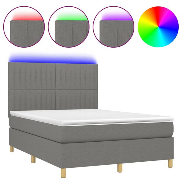 vidaXL Cama box spring c/ colch&atilde;o e LED 140x190 cm tecido cinza-escuro