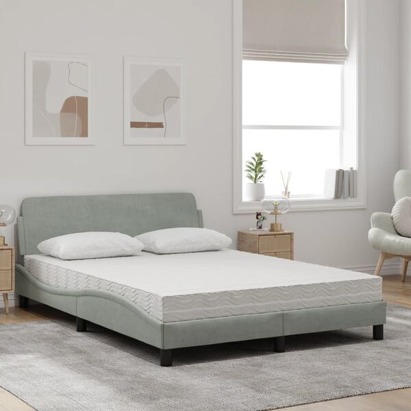 vidaXL Cama com colch&atilde;o Dover 140x190 cm veludo cinzento-claro