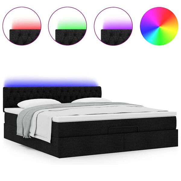 vidaXL Cama Otomana com colch&atilde;o & LEDs 180x200cm tecido preto