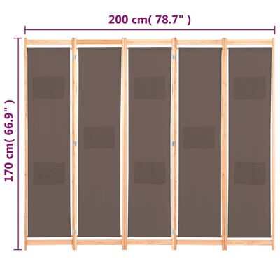 vidaXL Divisória de quarto com 5 painéis 200x170x4 cm tecido castanho