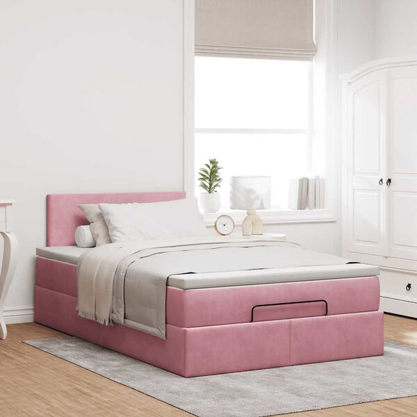 vidaXL Estrutura de cama otomana com colch&atilde;o 120x200 cm veludo rosa