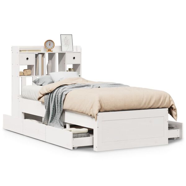 vidaXL Cama com estante sem colch&atilde;o 75x190 cm pinho maci&ccedil;o branco
