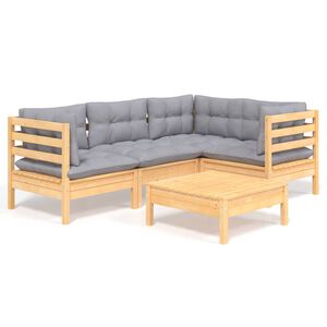 vidaXL 5 pcs conjunto lounge de jardim c/ almofad&otilde;es cinza pinho