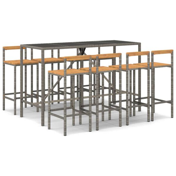 vidaXL 9 pcs conjunto de bar p/ jardim vime PE/acácia maciça cinzento