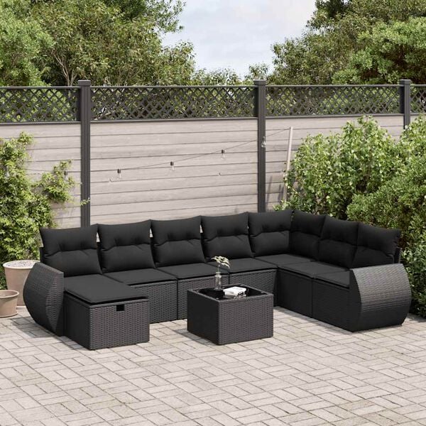 vidaXL 9 pcs conjunto de sof&aacute;s p/ jardim c/ almofad&otilde;es vime PE preto
