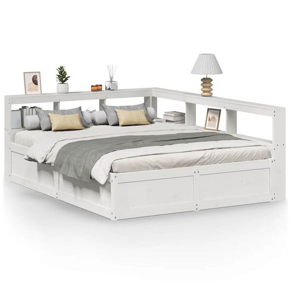 vidaXL Cama com estante sem colch&atilde;o 140x200 cm pinho maci&ccedil;o branco