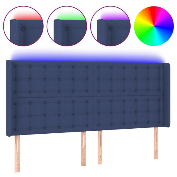 vidaXL Cabeceira de cama c/ luzes LED tecido 203x16x118/128 cm azul