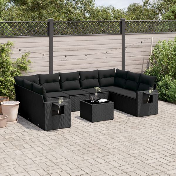 vidaXL 10 pcs conjunto sof&aacute;s de jardim c/ almofad&otilde;es vime PE preto