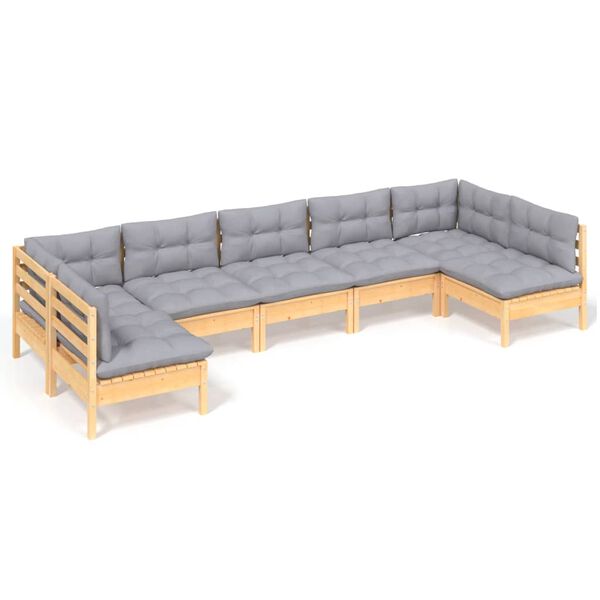 vidaXL 7 pcs conjunto lounge de jardim + almofad&otilde;es cinza pinho maci&ccedil;o