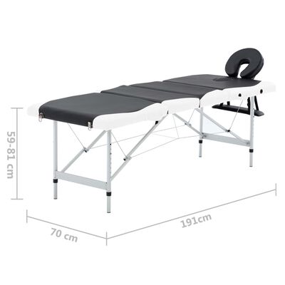 vidaXL Mesa de massagem dobrável 4 zonas alumínio preto e branco