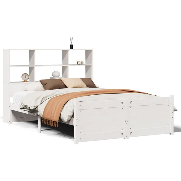 vidaXL Cama com estante sem colch&atilde;o 140x200 cm pinho maci&ccedil;o branco