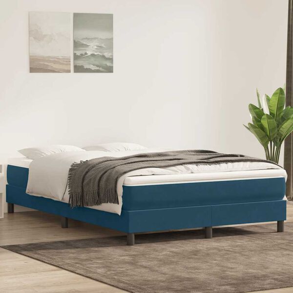 vidaXL Box Cama de primavera sem Colch&atilde;o Azul Escuro 140x210 cm Veludo