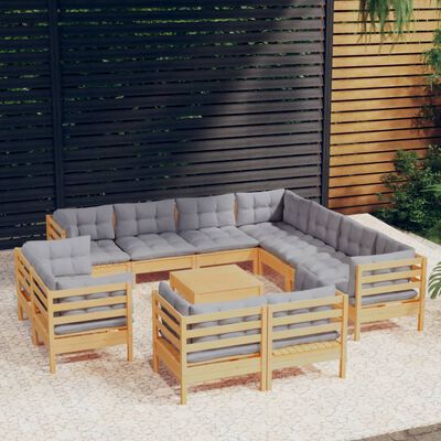 vidaXL 12pcs conjunto lounge de jardim + almofadões cinza pinho maciço