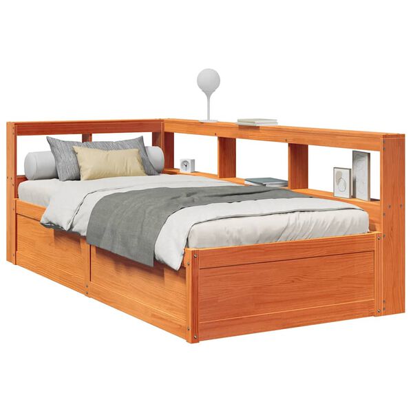 vidaXL Cama com estante sem colch&atilde;o 75x190cm pinho maci&ccedil;o castanho-mel