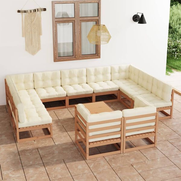 vidaXL 12 pcs conj. lounge jardim almofad&otilde;es pinho maci&ccedil;o castanho mel
