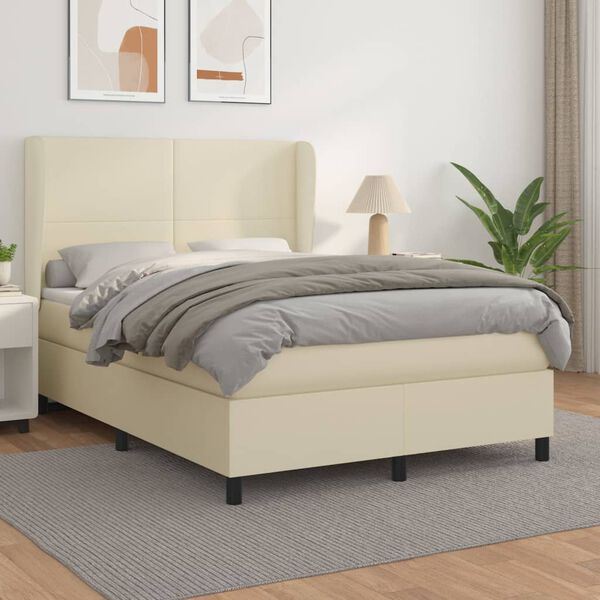 vidaXL Cama com molas/colch&atilde;o 140x200 cm couro artificial cor creme