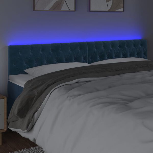 vidaXL Cabeceira de cama c/ luzes LED veludo 200x7x78/88cm azul-escuro