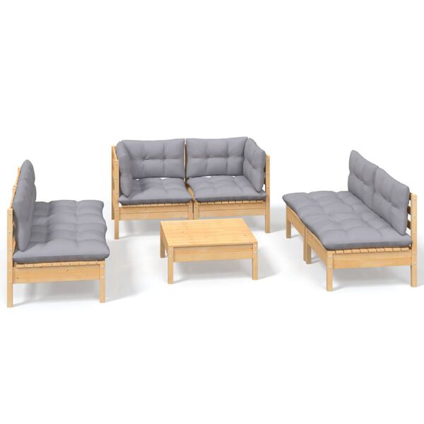 vidaXL 7 pcs conjunto lounge de jardim + almofadões cinza pinho maciço