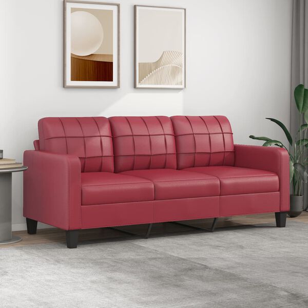 vidaXL Sofá de 3 lugares 180 cm couro artificial vermelho tinto
